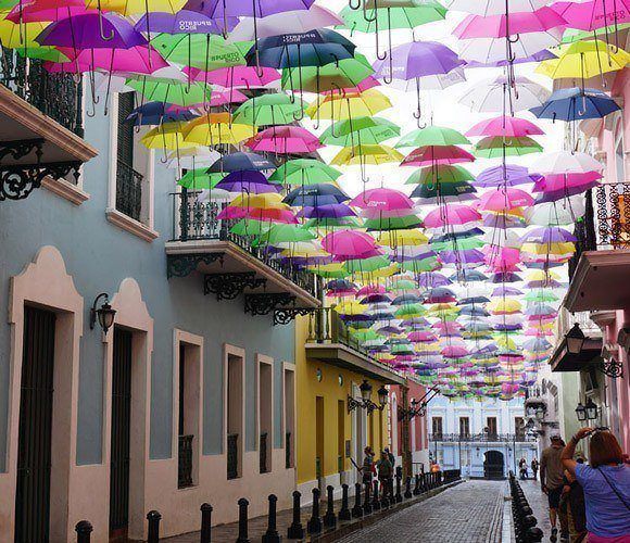 Fortaleza Street docorated with hanging umbrellas